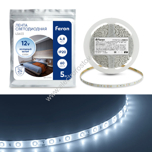 Лента светодиодная 12V IP20 4.8 w/m 6000K холодно-белая Feron (КРАТНО 5М)