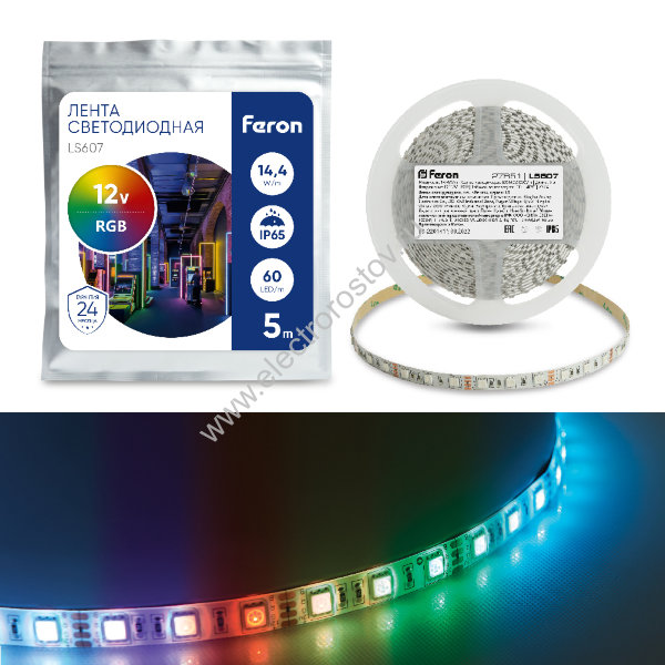 Лента светодиодная 12V IP65 14.4w/m RGB Feron (КРАТНО 5М)