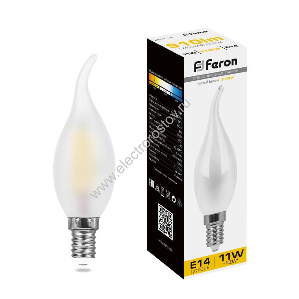 Лампа FILAMENT Свеча на ветру матовая 11Вт Е14 3000К FERON