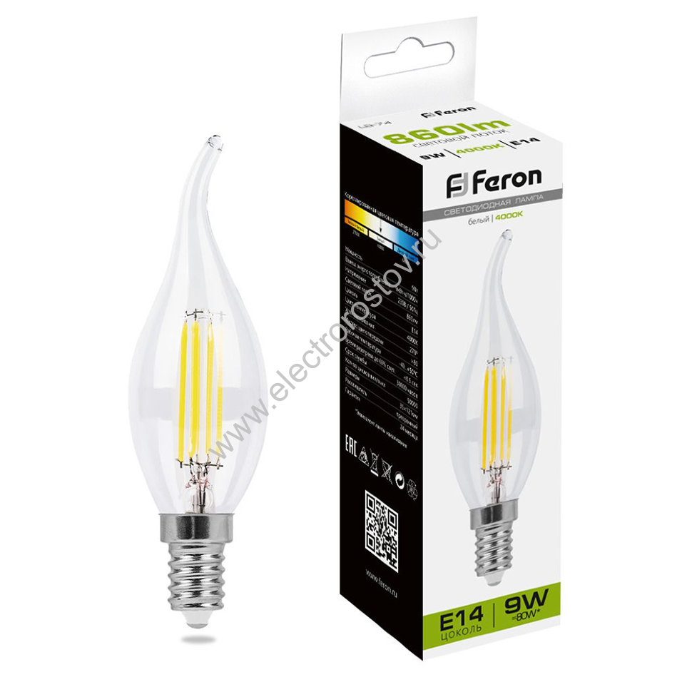 Лампа FILAMENT Свеча на ветру прозрачная 9Вт Е14 4000К Feron