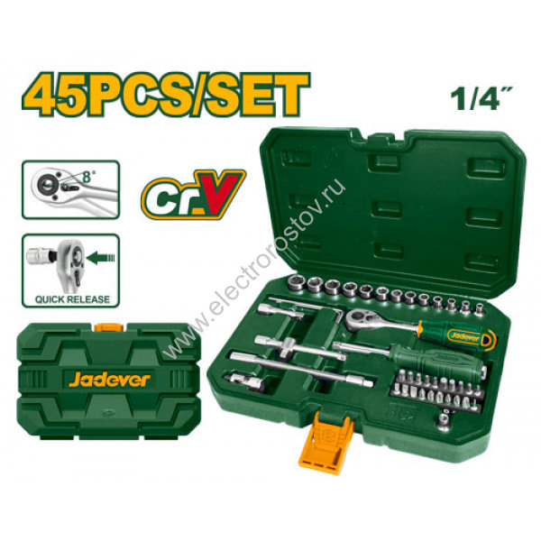 Набор головок 1/4" с трещоткой 45шт в пластик коробке Jadever