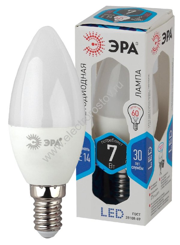 Лампа светодиодная LED Свеча 7W 840 E14 ЭРА