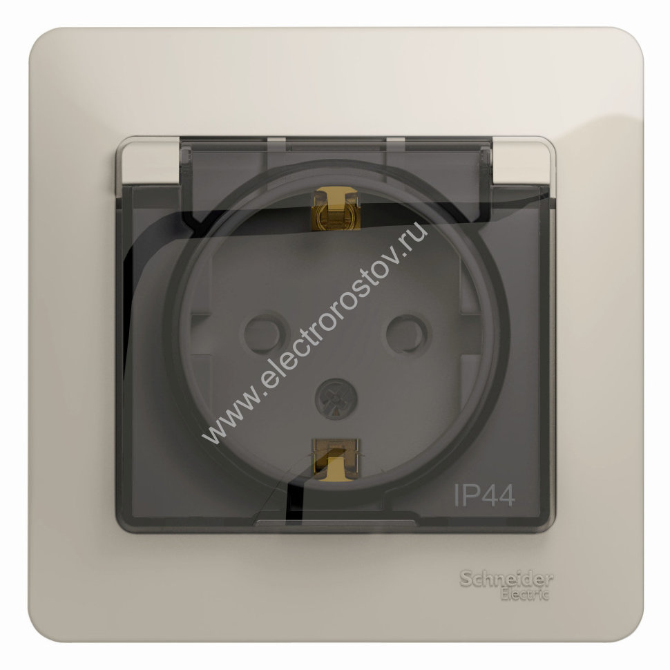 Glossa Молочный Розетка 1-ая с/з со шторками с крышкой IP44 (в сборе с рамкой) Schneider Electric
