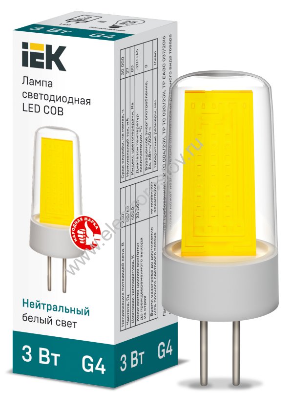Лампа светодиодная COB G4 3Вт 220В 4000K IEK