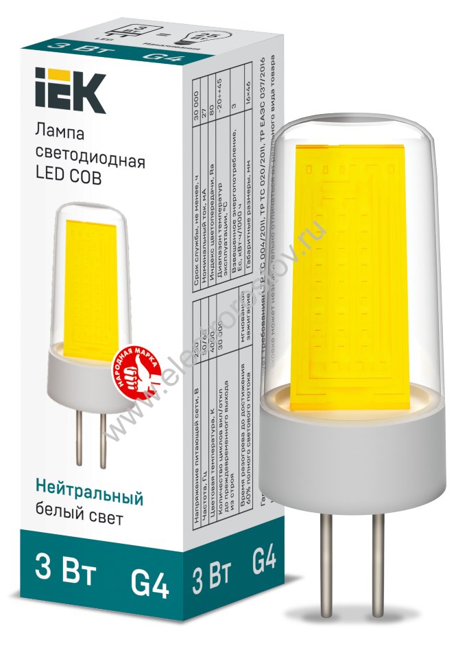 Лампа светодиодная COB G4 3Вт 220В 4000K IEK
