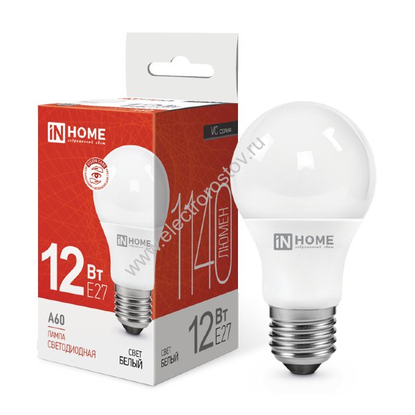 Лампа светодиодная LED A60 Груша 12Вт Е27 4000K 1080 Лм IN HOME