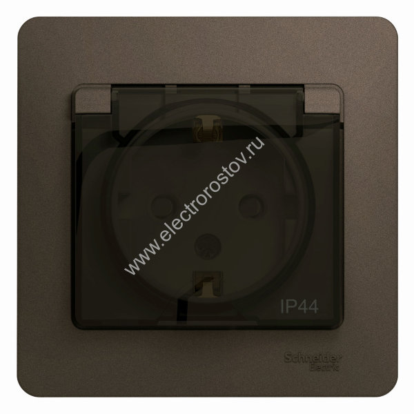 Glossa Шоколад Розетка 1-ая с/з со шторками с крышкой IP44 (в сборе с рамкой) Schneider Electric