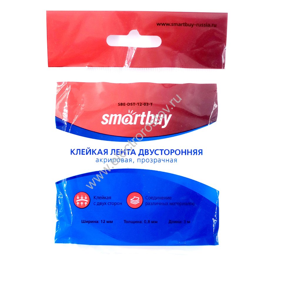 Двусторонняя клейкая лента, акриловая 0.8х12мм х3 метра, прозрачная Smartbuy