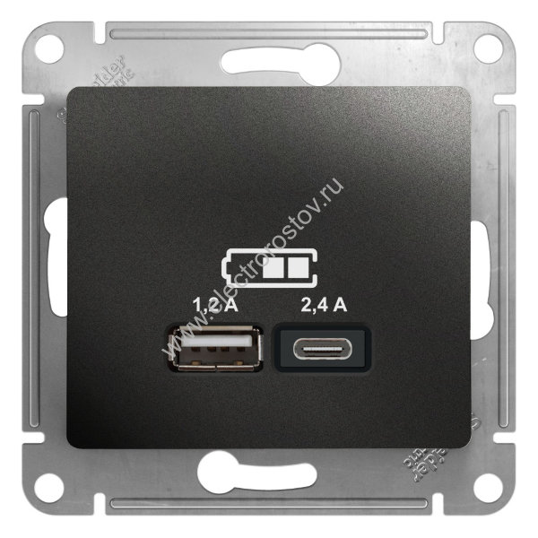 Glossa Антрацит Розетка USB A+C; 5В/2,4A; 2x5В/1,2A Schneider Electric
