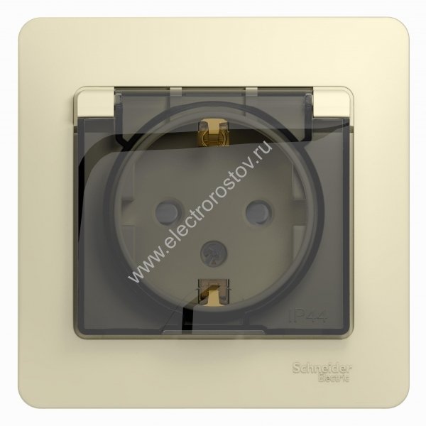 Glossa Бежевый Розетка 1-ая с/з со шторками с крышкой, IP44 (в сборе с рамкой) Schneider Electric