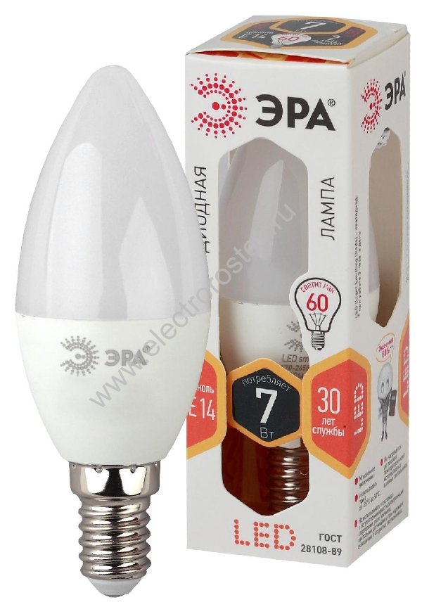 Лампа светодиодная LED Свеча 7W 827 E14 ЭРА