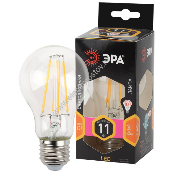 Лампа FILAMENT A60 Груша 11Вт E27 3000K 1080Лм прозрачная ЭРА