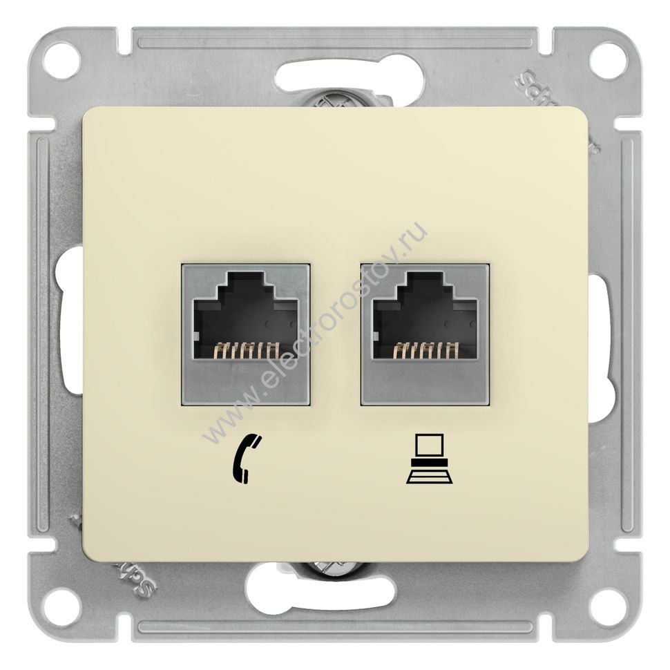 Glossa Бежевый Розетка компьютерная + телеф. RJ11+RJ45, кат.5E Schneider Electric
