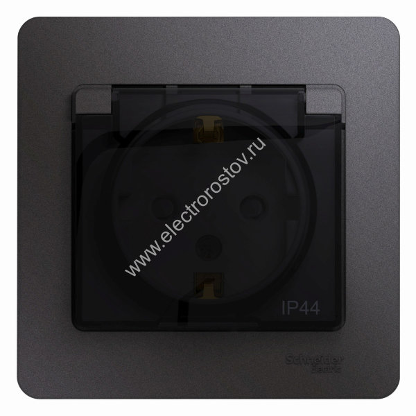 Glossa Графит Розетка 1-ая с/з со шторками с крышкой IP44 (в сборе с рамкой) Schneider Electric