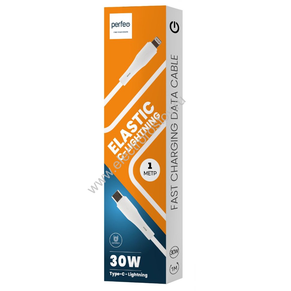 Шнур Type-C - Lightning 1м, белый ELASTIC силикон Perfeo