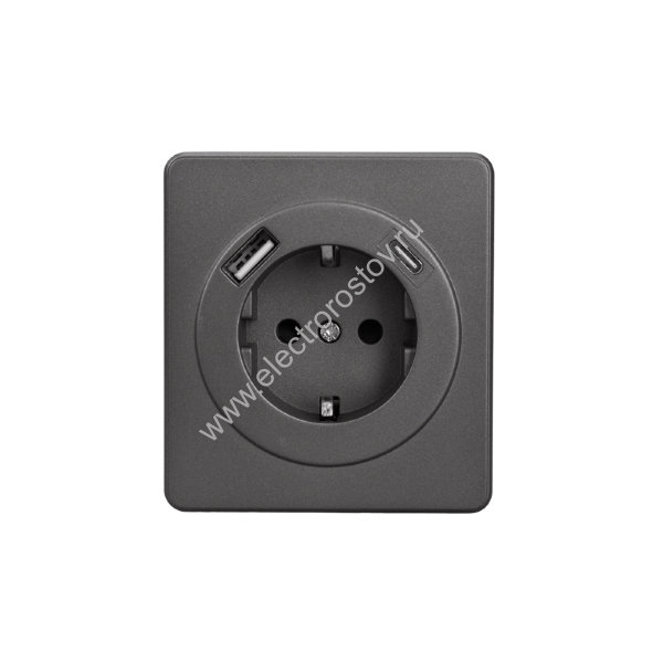 KRANZ ROUND Розетка 1-ая с/з с/у з/ш 16А с USB A+C быстрой зарядки 5В/3А титан, с 1-пост. рамкой