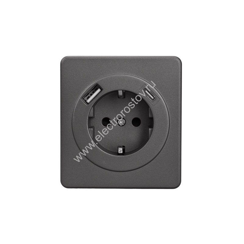 KRANZ ROUND Розетка 1-ая с/з с/у з/ш 16А с USB A+C быстрой зарядки 5В/3А титан, с 1-пост. рамкой