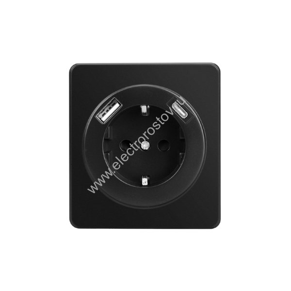 KRANZ ROUND Розетка 1-ая с/з с/у з/ш 16А с USB A+C быстрой зарядки 5В/3А оникс, с 1-пост. рамкой