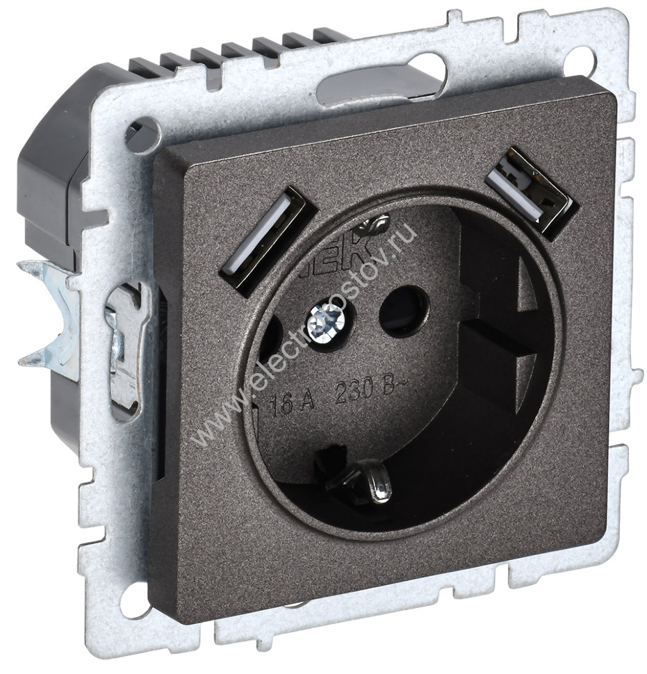 IEK BRITE BASE Темн.бронза Розетка с з/к/ш 16А с USB A+A 2,1А РЮш10-1-БрТБ