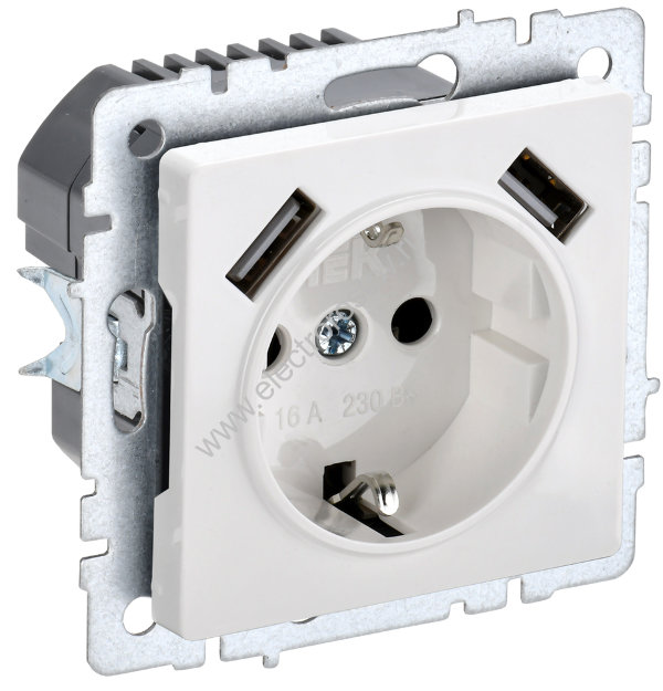 IEK BRITE BASE Белый Розетка с з/к/ш 16А с USB A+A 3,1А РЮш10-2-БрБ