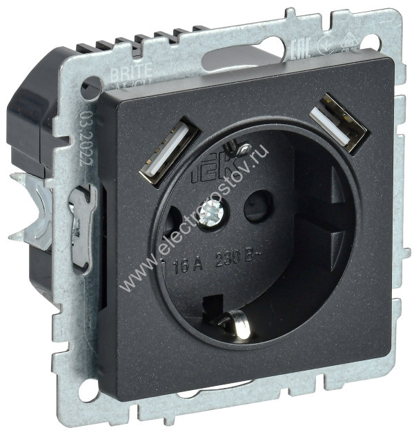 IEK BRITE BASE Черный Розетка с з/к/ш 16А с USB A+A 3,1А РЮш10-2-БрЧ