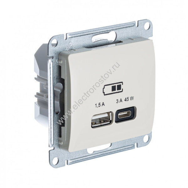 Glossa Молочный Розетка USB A+C, 45Вт; 5В/1,5-3А Schneider Electric