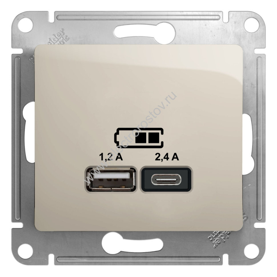 Glossa Молочный Розетка USB A+C; 5В/2,4A; 2x5В/1,2A Schneider Electric