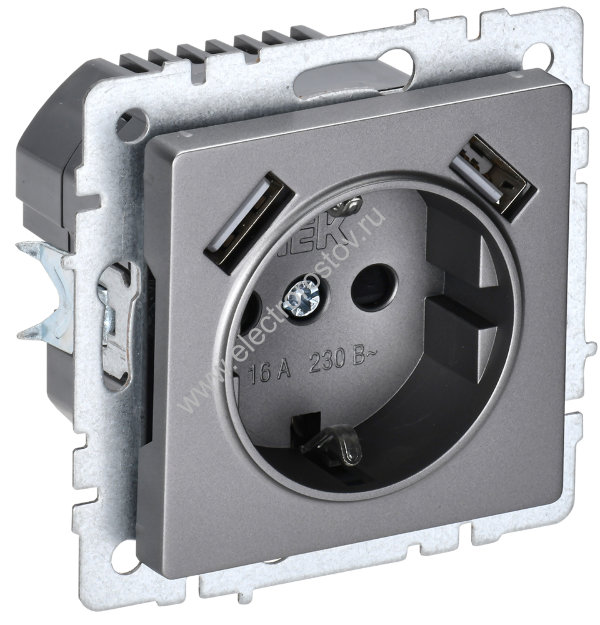 IEK BRITE BASE Сталь Розетка с з/к/ш 16А с USB A+A 3,1А РЮш10-2-БрС