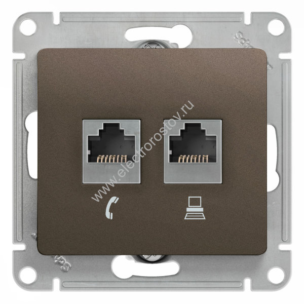 Glossa Шоколад Розетка компьютерная + телеф. RJ11+RJ45, кат. 5e Schneider Electric