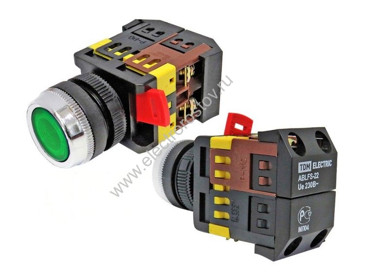 Кнопка ABLFS-22 зеленый d22мм неон/230В 1з+1р TDM