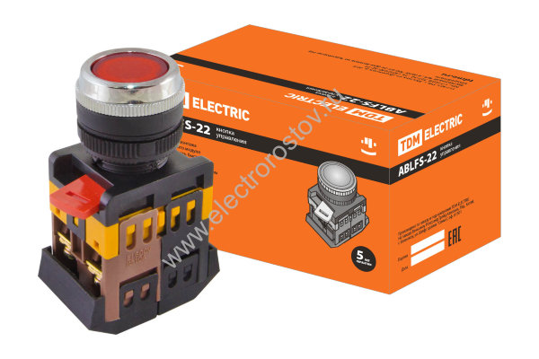 Кнопка ABLFS-22 красный d22мм неон/230В 1з+1р TDM