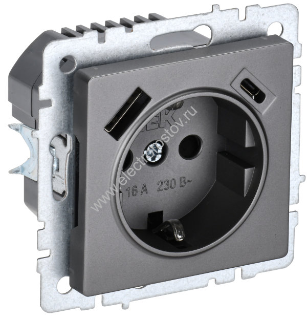 IEK BRITE BASE Сталь Розетка с з/к/ш 16А с USB A+C 18Вт РЮш11-1-БрС