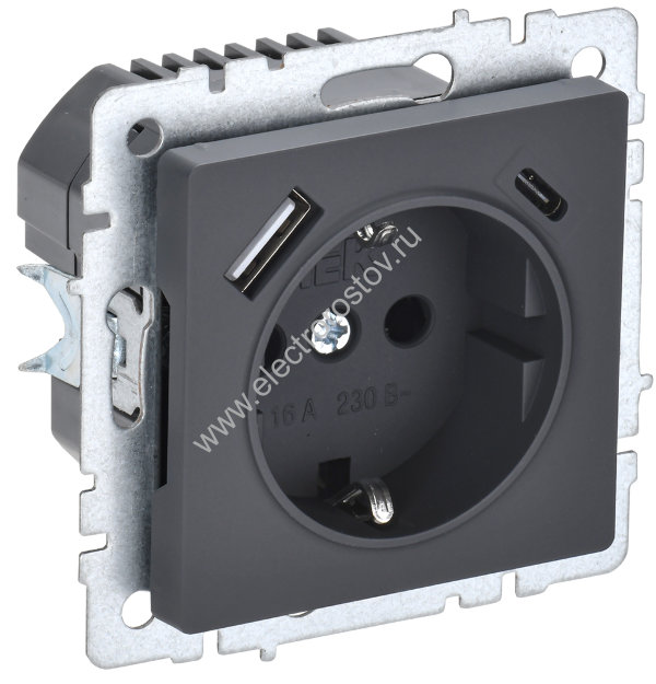 IEK BRITE BASE Графит Розетка с з/к/ш 16А с USB A+C 18Вт РЮш11-1-БрГ