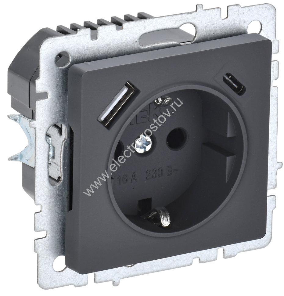 IEK BRITE BASE Графит Розетка с з/к/ш 16А с USB A+C 18Вт РЮш11-1-БрГ