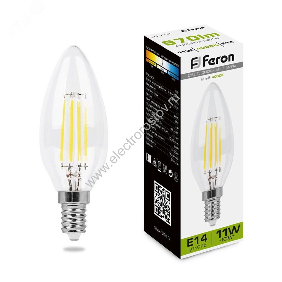 Лампа FILAMENT Свеча прозрачная 11Вт Е14 4000К 970Лм FERON