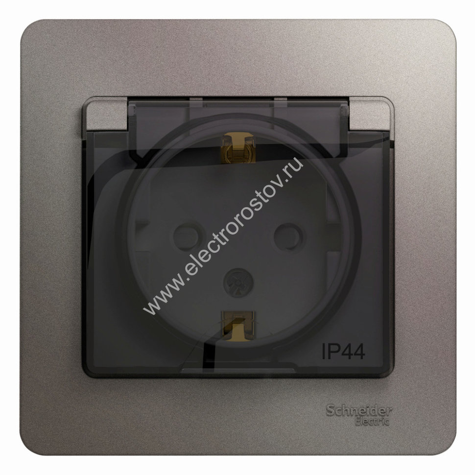 Glossa Платина Розетка 1-ая с/з со шторками с крышкой IP44 (в сборе с рамкой) Schneider Electric